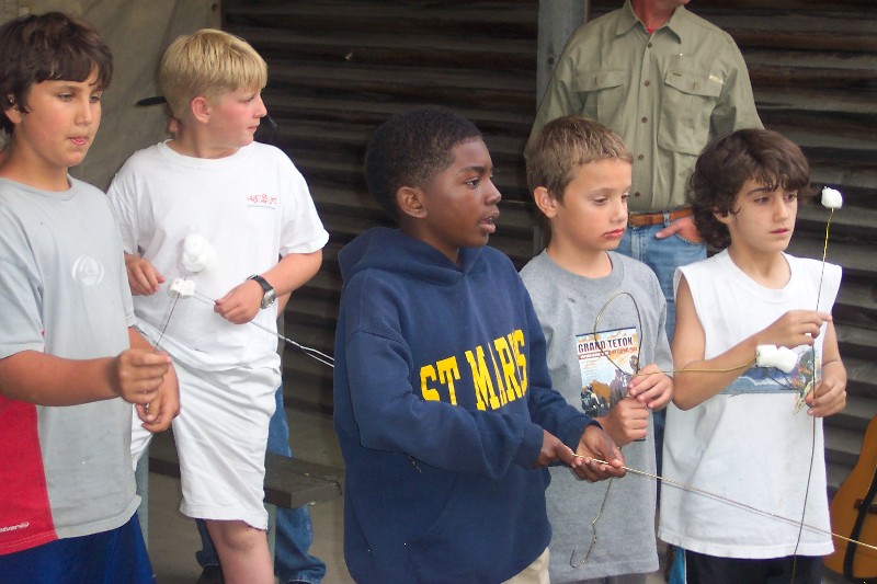 Grilling marshmallows, Jess Karol, William McGee, Spencer Williams, Jacob Wikman and Garret Watamull