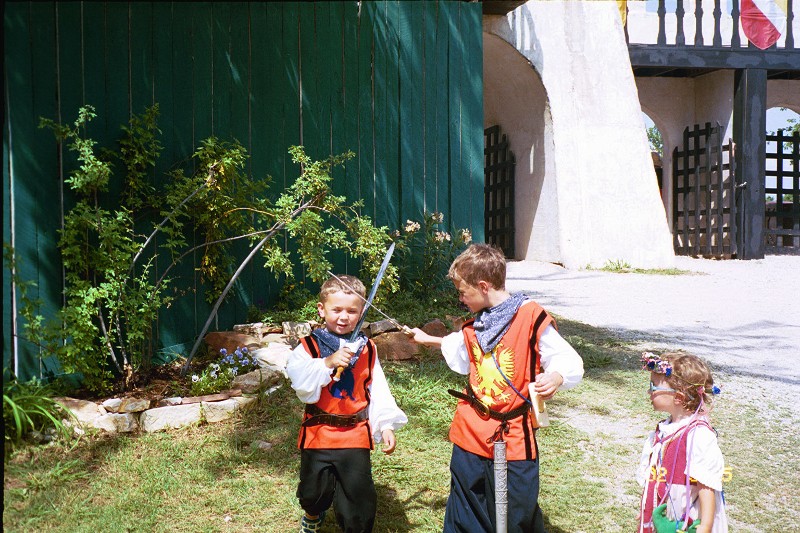 Jacob and David sword fighting while sister Rachel is watching