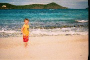 David on the Beach. Thatch Cay in the background