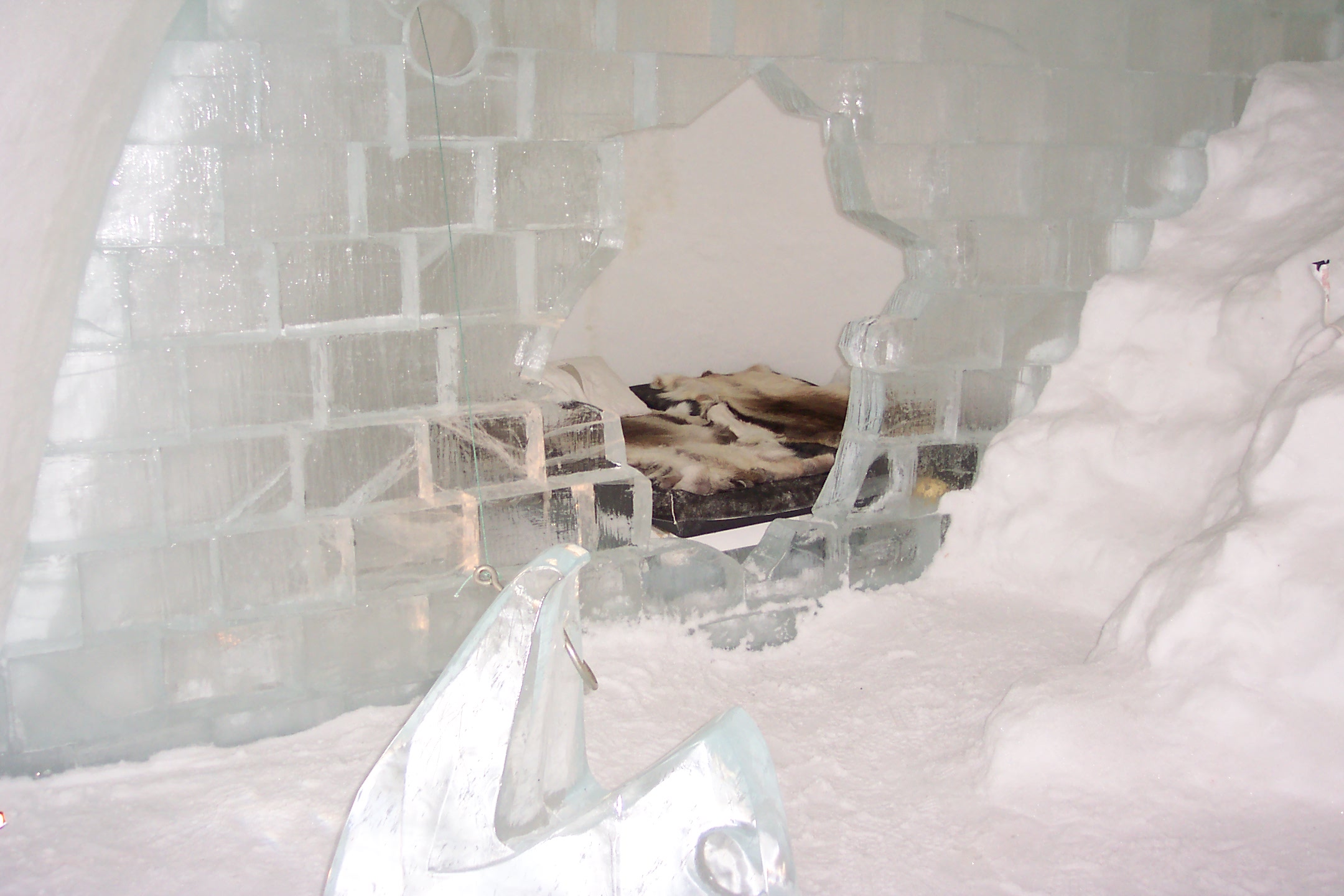 A bedroom in the Ice hotel in Jukkasj�rvi (notice the ice fish)